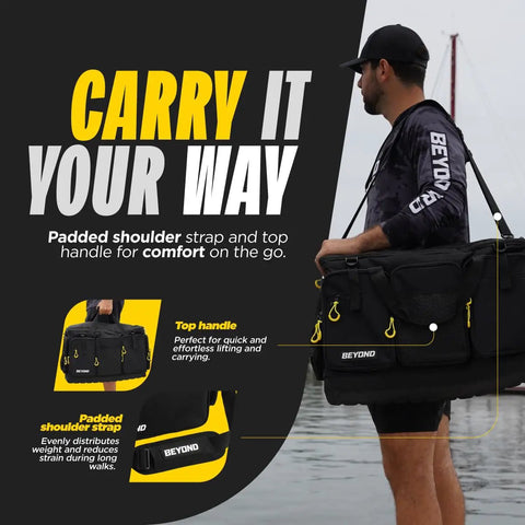 Angler carrying XL Tackle Bag Hauler Pro For Anglers With Mega Storage Capacity Fits 12 3700 Boxes And 4 Large Side Pockets Offshore Ready