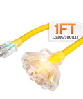 Heavy Duty 1 Ft 12 Gauge Outdoor Extension Cord With 3 Outlet Splitter And Indicator Light Waterproof SJTW Yellow 15A 125V 1875W ETL Listed