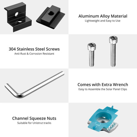 10 Piece Solar Panel Mounting Bracket Kit for Unistrut Rails Aluminum 30mm 35mm showing components like clamps and screws