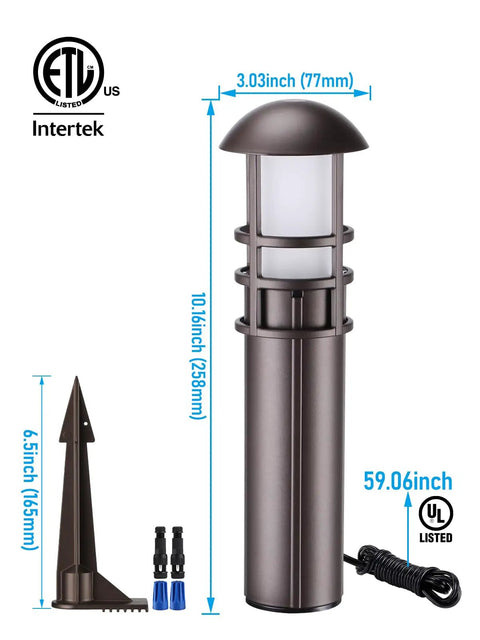 Low Voltage Landscape Pathway Lights 12 Pack 3W 12 To 24V Aluminum Bollard Outdoor Lighting with measurements and ETL listing