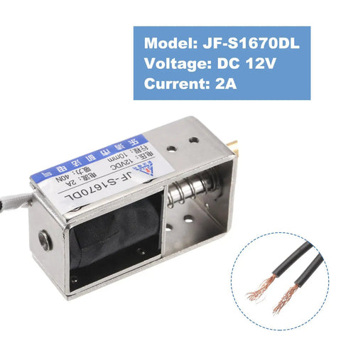 12 Volt DC Solenoid Electromagnet Push Pull Actuator Open Frame For Linear Motion 40N 10mm Stroke Must Have For Machinery, Vending Machines, Home Automation And Industrial Projects JF S1670DL open-frame solenoid with exposed wires