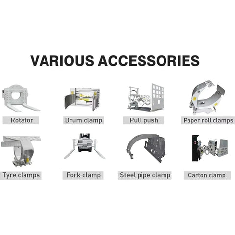 Various accessories for Heavy Duty Electric Counterbalance Forklift Truck With 2 Ton Lift Rating and Fully Adjustable Forks.