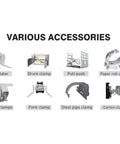 Various accessories for Heavy Duty Rough Terrain Forklift Truck Powered By Clean Electric Motor, including clamps and rotators.