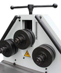 Kaka Industrial Rbm-30HV Roll Bending Machine For Forming Arcs And Rings In 1.18 Inch Tube Square Bar Angle Steel And Flat Sheet Metal With Horizontal Vertical Operation Capabilities For Pro Shops, showing three rollers.