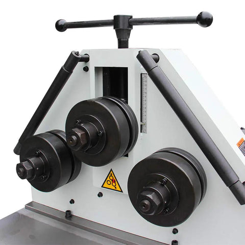 Kaka Industrial Rbm-30HV Roll Bending Machine For Forming Arcs And Rings In 1.18 Inch Tube Square Bar Angle Steel And Flat Sheet Metal With Horizontal Vertical Operation Capabilities For Pro Shops, showing three rollers.