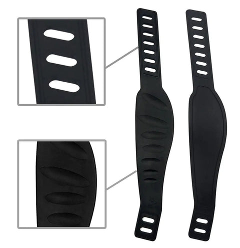 Pair Exercise Bike Pedal Straps Wide Long And Thick Adjustable Rubber Foot Straps For Home Gym Spin Class And Cycling Equipment Replacement And Quick Setup; black rubber with holes shown.