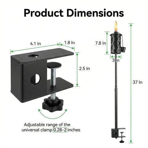 6 Pack Garden Torch With Universal Clamp, 16 Oz Citronella Oil Outdoor Torches, Metal Adjustable Patio Lights, dimensions view