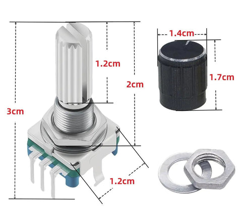 Ultimate 5 Pack EC11 Rotary Encoders With Push Button 360 Degree Turn, 5 Pins, Knob Caps, Detent Steps And Smooth Click with dimensions