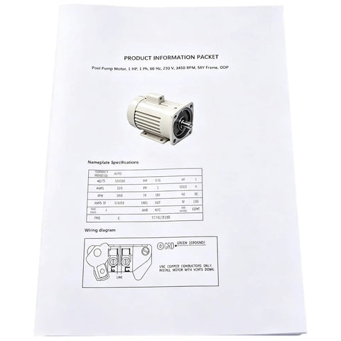Rock Solid 1 HP Single Speed Pool Pump Motor Compatible With Pentair Whisperflo Superflo 115V 230V 3450 RPM Almond Casing with specs sheet.