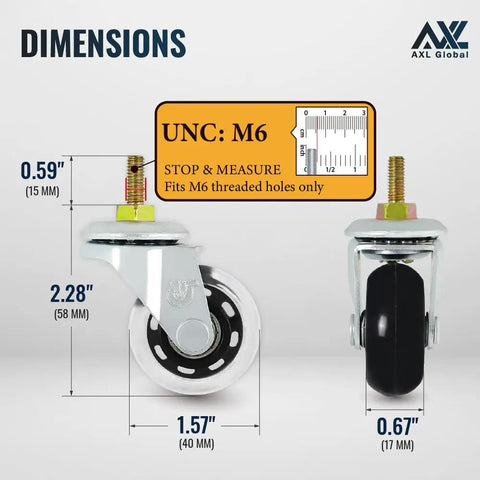 Dimensions of 40Mm M6-1.0 Threaded Stem Caster Wheels Inline Skate Style Polyurethane Swivel Casters, showing measurements
