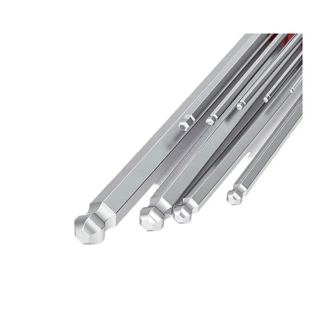 Heavy Duty 9Pcs Hex Key Set With Ball End Design, Long Arm Wrench Kit For Versatile Repair Jobs That Make Bending And Tightening Tasks A Total Breeze. Silver metric hex keys close-up