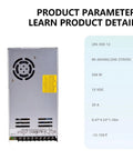 Back view of Beefy 350W 12V Single Output Power Supply For Industrial Automation And CNC Machines with fan vent and label visible