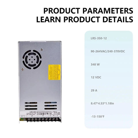 Back view of Beefy 350W 12V Single Output Power Supply For Industrial Automation And CNC Machines with fan vent and label visible
