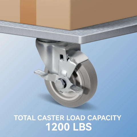 Rock Solid 4 Inch Heavy Duty Caster Wheels Featuring Silent Thermoplastic Rubber Treads And Sturdy Steel Plates For Easy Rolling on a cart with 1200 lbs capacity.