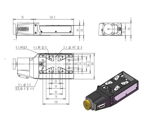 Rock Solid Precision Motorized Linear Translation Stage Featuring Electric Displacement Slide And Heavy Duty Stepper Actuator dimensions and design blueprint.