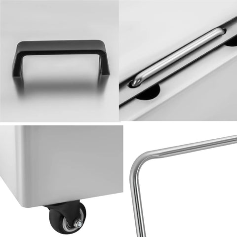 Details of Heavy Duty Commercial Stainless Steel Fryer Oil Filter Machine handles and wheels for easy mobility in kitchens.