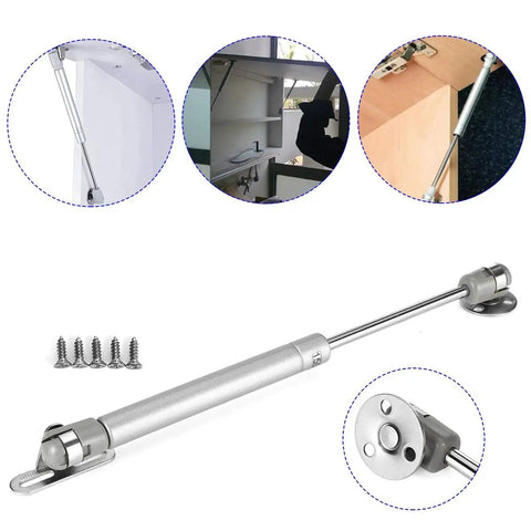 Heavy Duty 10 Inch Gas Spring Strut Lift Support With Brass Cover And Fixing Plate For Cabinet Doors showing installation angles and screws.