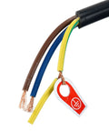 Color-coded electrical wires, part of heavy duty half HP electric centrifugal water pump for pools ponds tanks and rain barrels.