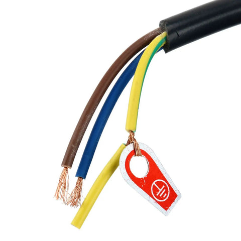 Color-coded electrical wires, part of heavy duty half HP electric centrifugal water pump for pools ponds tanks and rain barrels.