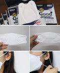 Close-up of KF94 Protective Face Mask White 100 Count showing ergonomic trifolding design and wearer putting on mask for safe breathing.