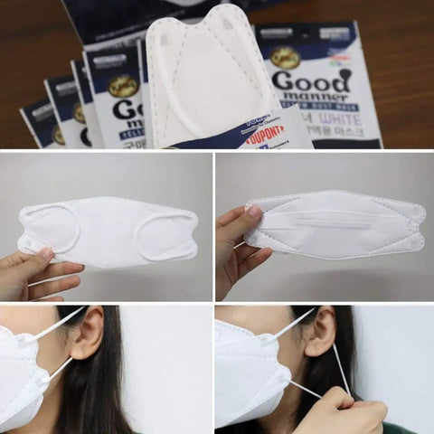 Close-up of KF94 Protective Face Mask White 100 Count showing ergonomic trifolding design and wearer putting on mask for safe breathing.