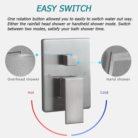 Brushed Nickel 12 Inch Luxury Rain Shower System With Handheld Combo wall mounted valve and trim with easy switch control.