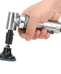Heavy Hitter Mini Pneumatic Die Grinder Right Angle Air Tool Running At 20000 To 25000 Rpm held in hand, showing wool steel flap attachment.