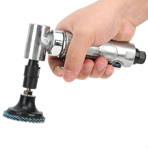 Heavy Hitter Mini Pneumatic Die Grinder Right Angle Air Tool Running At 20000 To 25000 Rpm held in hand, showing wool steel flap attachment.