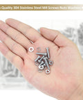 Hand holding M4 Phillips Pan Head Machine Screw Set With Nuts And Washers, 372-Piece Stainless Steel 304 Assortment Kit
