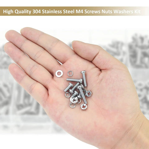 Hand holding M4 Phillips Pan Head Machine Screw Set With Nuts And Washers, 372-Piece Stainless Steel 304 Assortment Kit