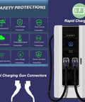 Smart EV Charger Commercial Charging Station With Dual Port Design For Fleet Parking And Business Lots Featuring Network Ready Setup And Hella Reliable Plug In Flow For Zero Stress Workplace Upgrades, showing safety features and dual connectors.