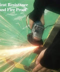 Badass Kevlar Heat Resistant Arm Guards 19 Inch Long Sleeves With Thumb Hole For Welding Grilling Shop Work All Day Pro Grade Full Coverage Shield Design, arms in use with sparks.