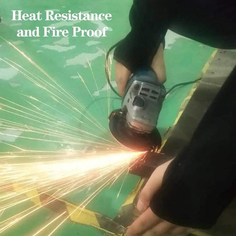 Badass Kevlar Heat Resistant Arm Guards 19 Inch Long Sleeves With Thumb Hole For Welding Grilling Shop Work All Day Pro Grade Full Coverage Shield Design, arms in use with sparks.