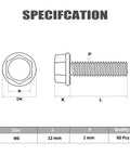 Heavy Duty 304 Stainless Steel M6 X 1.0 X 12Mm Flanged Hex Head Bolts Fully Threaded dimensions illustration 60 Piece Automotive DIY Fastener Set