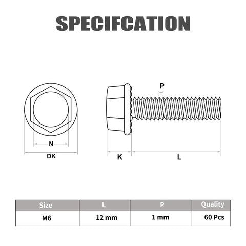 Heavy Duty 304 Stainless Steel M6 X 1.0 X 12Mm Flanged Hex Head Bolts Fully Threaded dimensions illustration 60 Piece Automotive DIY Fastener Set