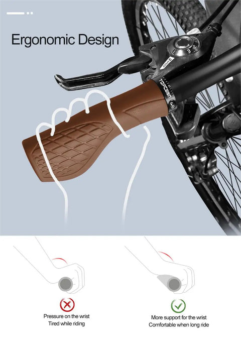 Lock On Ergonomic Bicycle Handlebar Grips With Aluminum Inner Ring 130mm long on bike handle displaying ergonomic design