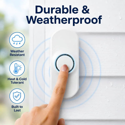 Pressing button on wireless doorbell kit with flashing strobe for hearing impaired homes and busy offices 1000 ft range