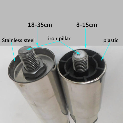 Heavy Duty Stainless Steel Furniture Legs Set with adjustable cabinet feet, showing iron pillar and 8-35cm measurements