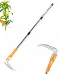 Adjustable Long Handled Weeding Sickle With High Carbon Steel Blade cutting corn stalk, close-up of extended upright scythe