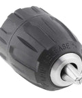 Keyless Drill Chuck Adapter Three Eighths Inch 24 UNF Quick Change Converter For Drills And Cordless Drivers Lets You Grab Bits One Thirty Second To Three Eighths Inch Zero Point Eight To Ten Millimeters No Chuck Key Needed, black plastic, and metal front view