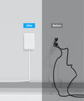 Comparison of Ultra Flat Extension Cord With Outlet Cover And Power Strip, sleek white design versus messy black cords.