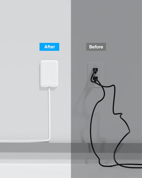 Comparison of Ultra Flat Extension Cord With Outlet Cover And Power Strip, sleek white design versus messy black cords.