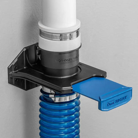 Ready-Mount Blast Gate for 2.5 Inch Dust Collection, clog-free and self-cleaning, installed on wall with blue hose