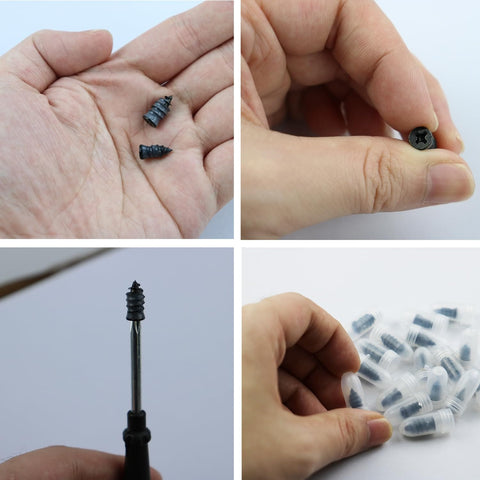 Hands holding screws and tool from 60 Piece Tire Repair Kit With Heavy Duty Plugs And Screws Quick Fix Puncture For Tubeless Tires
