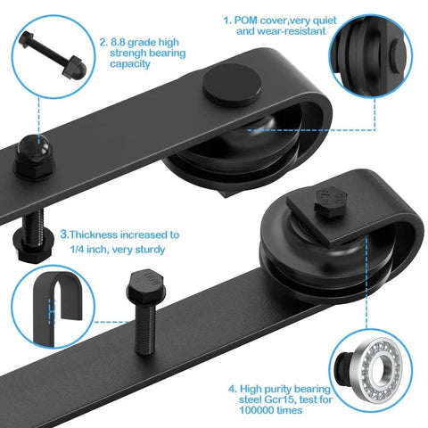 Close-up of components from 16ft Bypass Sliding Barn Door Hardware Kit, four doors, double track system for smooth sliding, no doors included.