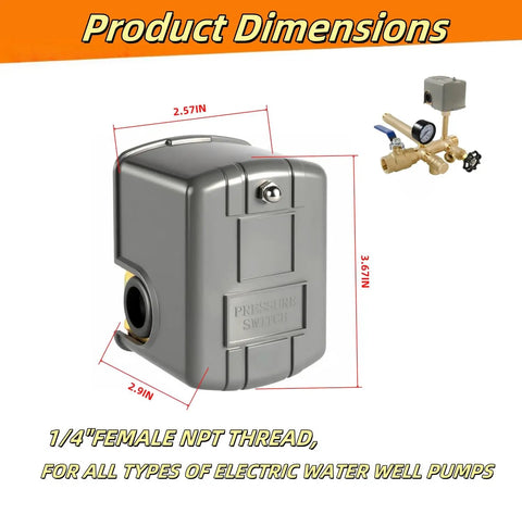 Water Well Pressure Switch With Auto Control For Well Pump System Adjustable 40 To 60 PSI Differential Setting One Quarter Inch Female NPT