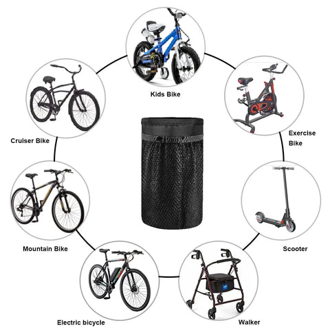 Insulated Bike Water Bottle Holder Bag With Phone Storage For Kids And Adults No Tool Needed Mount On Handlebar Keeps Drinks Cold Or Warm Fits Mountain Cruiser Exercise Bikes And Walkers Black shown with compatible bikes and equipment.