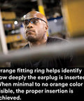 Man wearing Ear Plugs Earsoft Superfit Foam Pro Grade With Metal Detectable Cord, demonstrating depth insertion with orange fitting ring