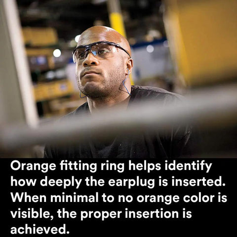 Man wearing Ear Plugs Earsoft Superfit Foam Pro Grade With Metal Detectable Cord, demonstrating depth insertion with orange fitting ring