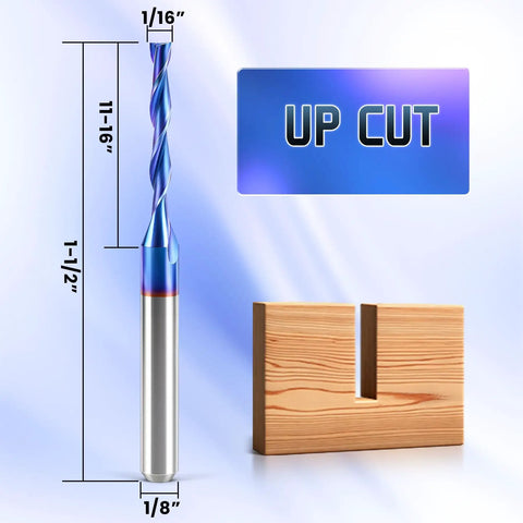 CNC Router Bits Set 1/8 Inch Shank 1/16 Inch Cutting Diameter Two Flute Upcut Flat Nose Carbide End Mills For Wood PVC MDF Hardwood 10Pcs Perfect For DIYers Carving Engraving 3D Relief And Sculpting Projects shown with size dimensions